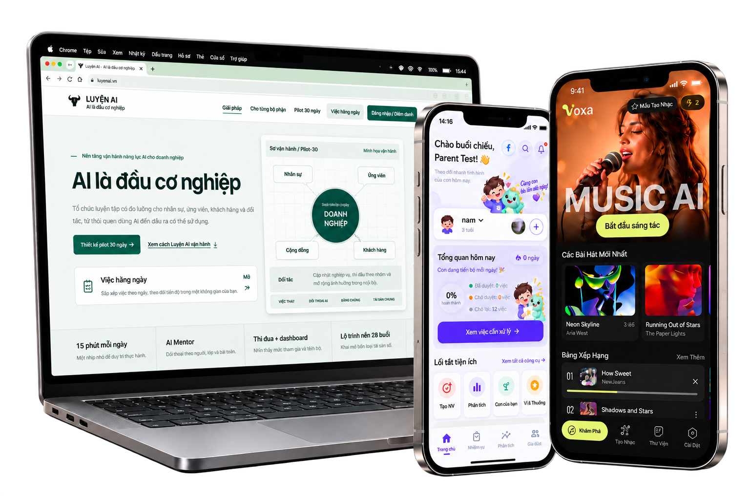 Hệ sinh thái AI V41 - Luyện AI, ParentPal, VOXA Music